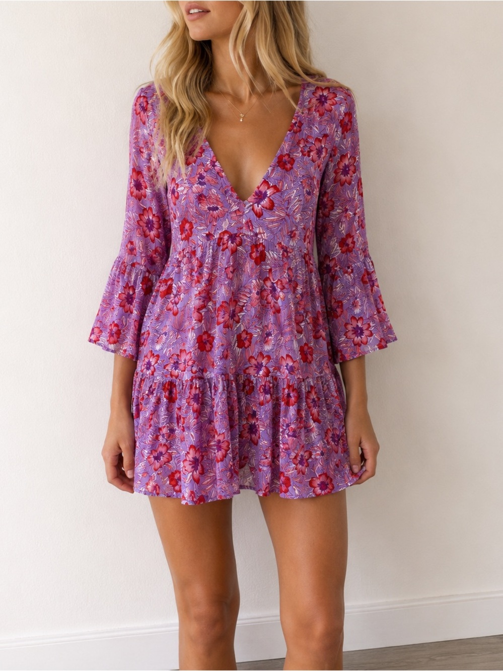 Draper James Purple Red Floral Tasseled Tiered Mini Dress Small